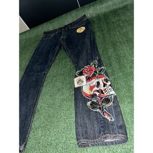 Y2K Ed Hardy x Christian Audigier Skull/Flower Denim Baggy Jeans Men's 36x33
